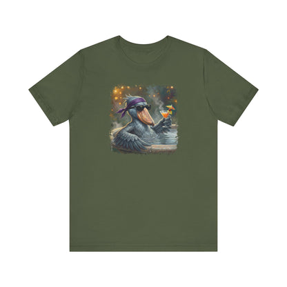 Funny Shoebill T-Shirt | Bird with Sunglasses & Drink | Unisex Summer Tee