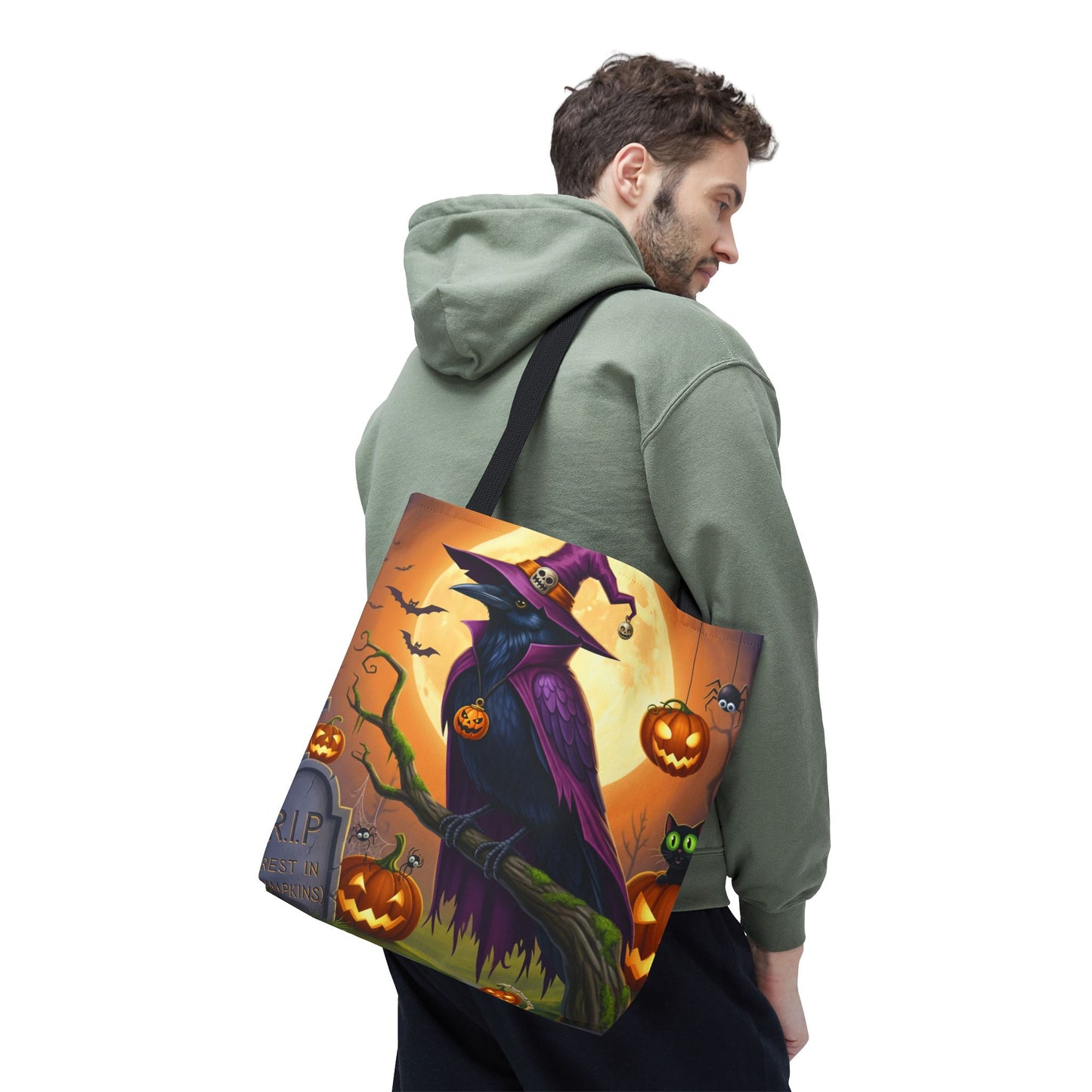 Halloween Raven Tote Bag: Purple Cape & Witch Hat | 16"x16" Polyester | Bird Decor Accessory