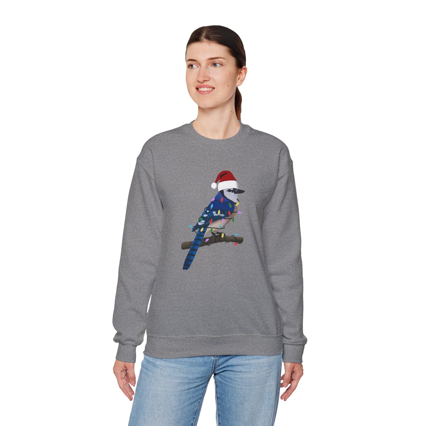 Blue Jay with Fairy Lights Santa Claus Christmas Bird Sweatshirt