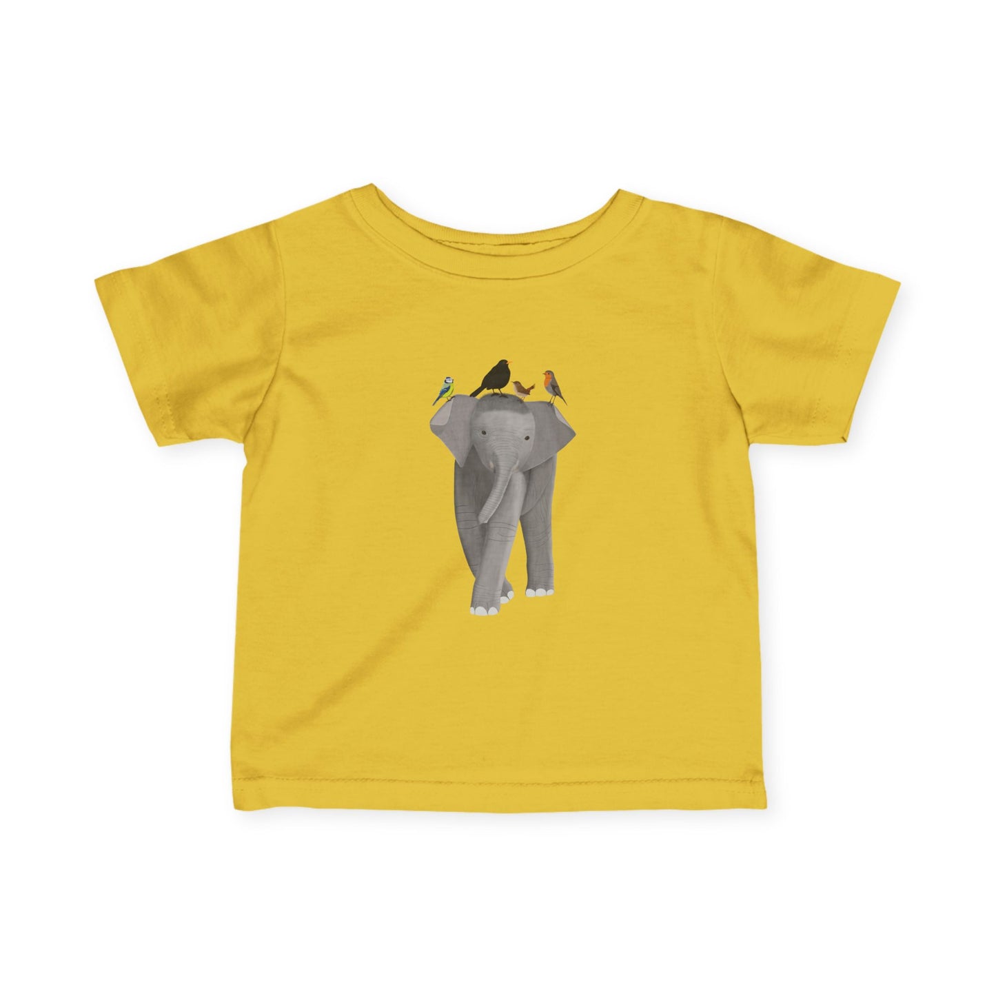 Süßes Elefant mit Amsel Blaumeise Rotkehlchen Zaunkönig Vogel Tiermotiv T-Shirt für Babys und Kleinkinder