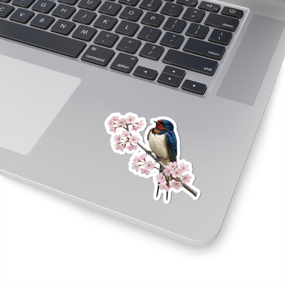 Barn Swallow Cherry Blossom Sticker | Glossy Floral Bird Decal | Spring Laptop Sticker