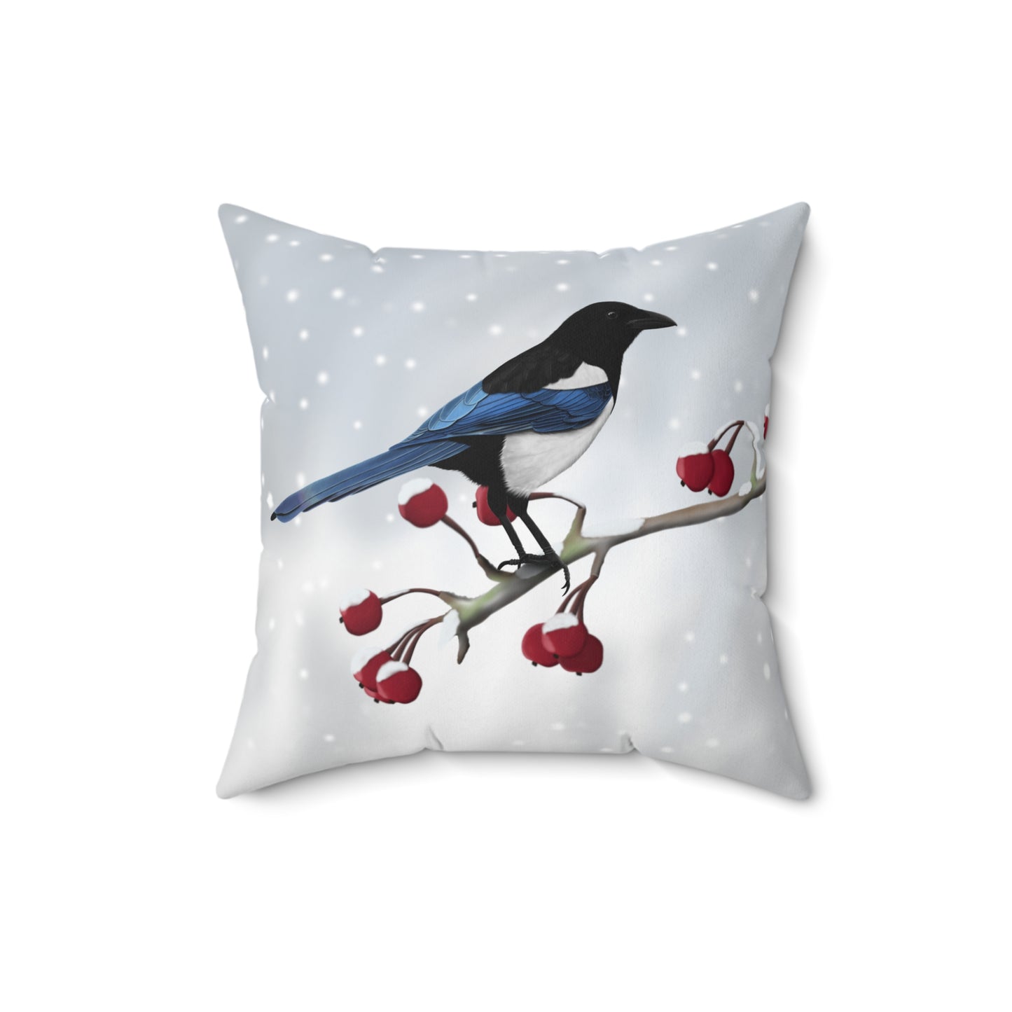 Magpie on a Winter Branch Christmas Bird Throw Pillow 16"x16"