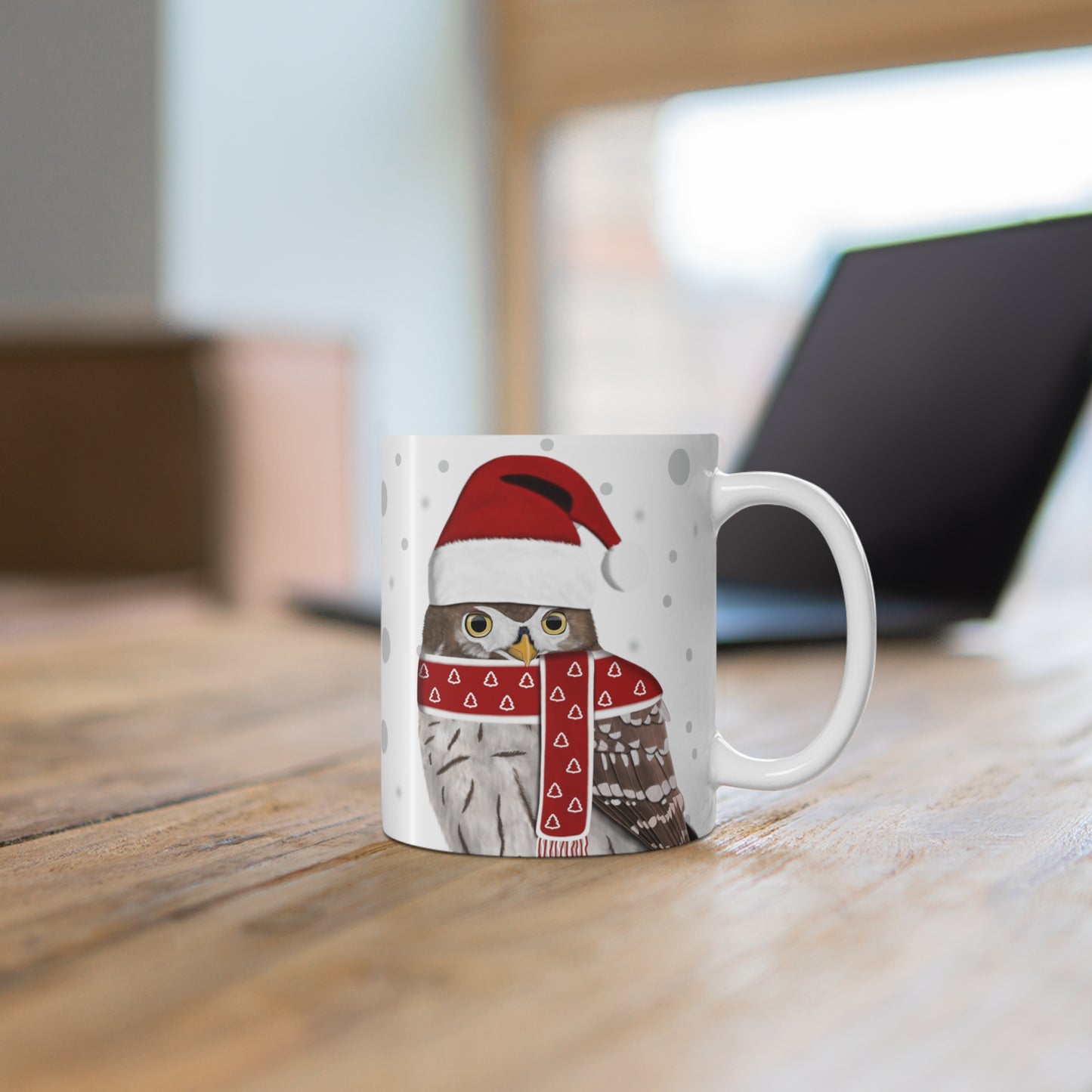 Owl with Red Santa Hat and Scarf Christmas Bird Ceramic Mug 11oz