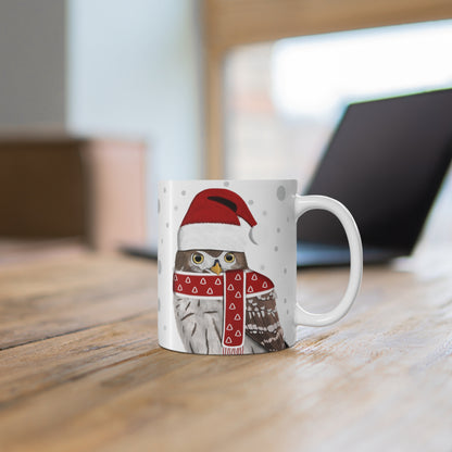 Owl with Red Santa Hat and Scarf Christmas Bird Ceramic Mug 11oz