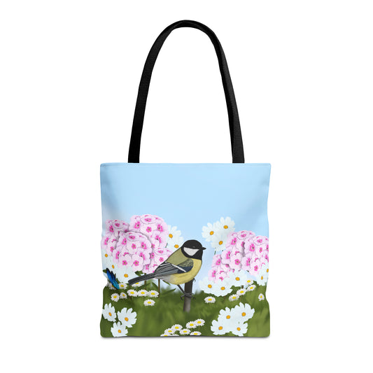 Chickadee in Summer Flowers Bird Tote Bag 16"x16"
