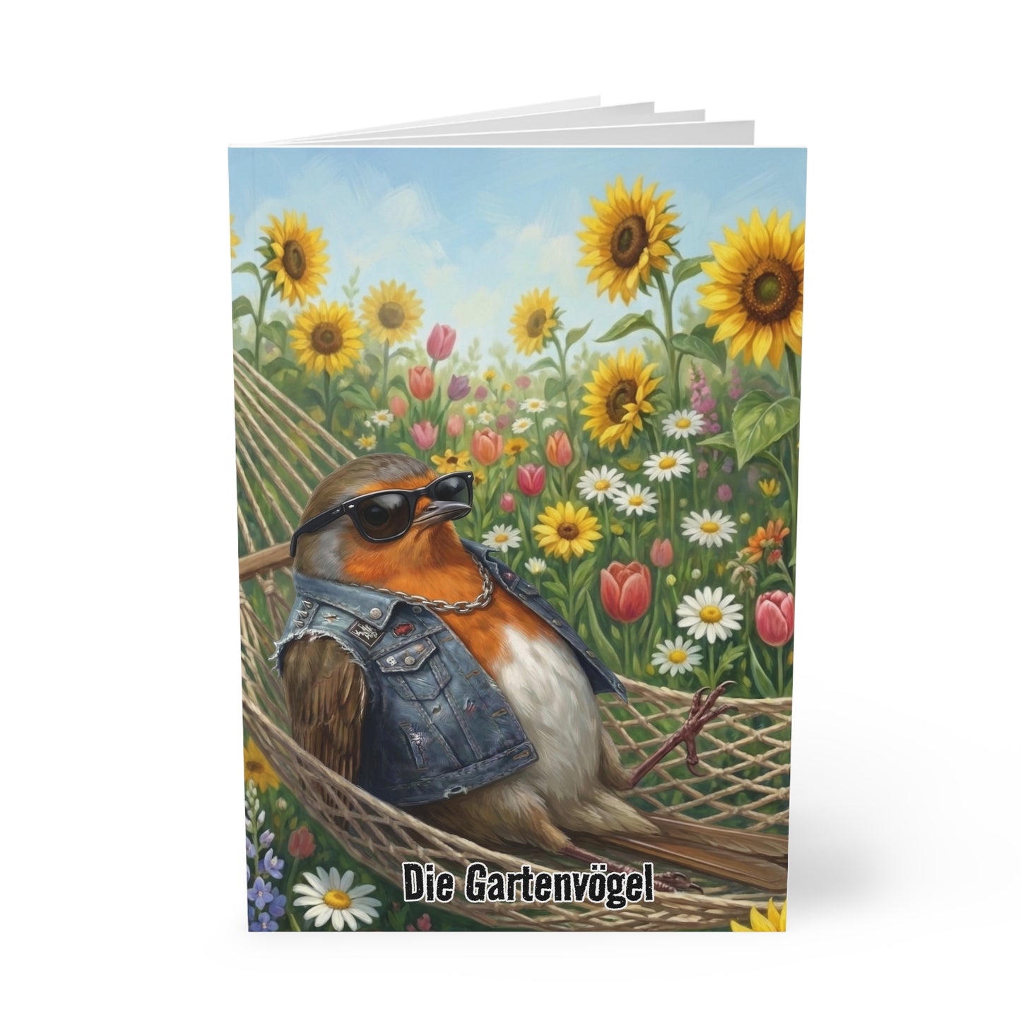 Rocky Rotkehlchen in der Hängematte - Premium Notizbuch A5 mit Vogelmotiv | Die Gartenvögel