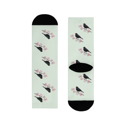 Amsel & Kirschblüten Socken in Salbeigrün | Weiche Baumwollmix-Socken für Naturfreunde