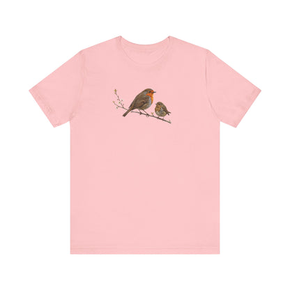 Rotkehlchen & Jungvogel T-Shirt | Frühlingsblüten Vogelmotiv für Vogelbeobachter