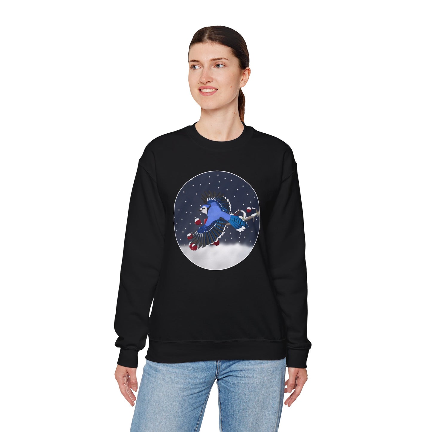 Blue Jay on a Winter Branch Birdwatcher Christmas Bird Sweatshirt