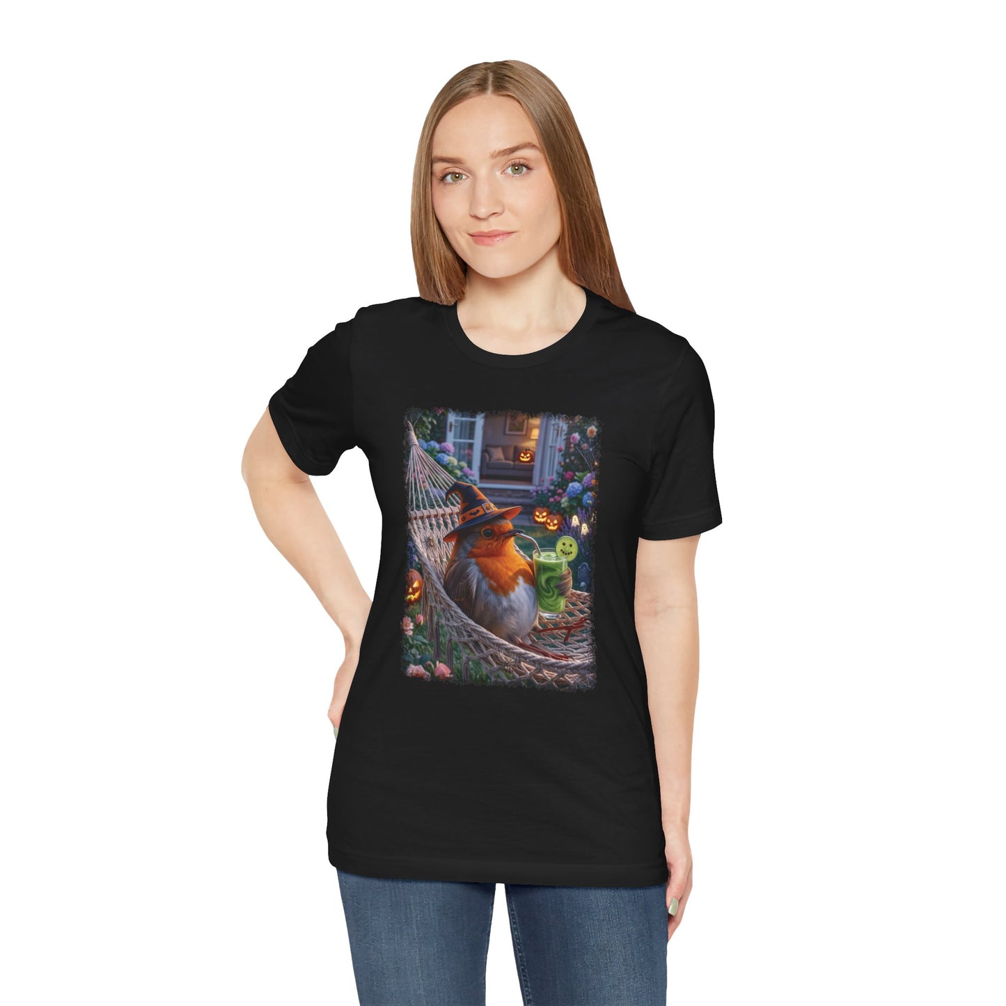 Robin Rosi Halloween Hammock T-Shirt for Spooky Season and Cozy Fall Lovers
