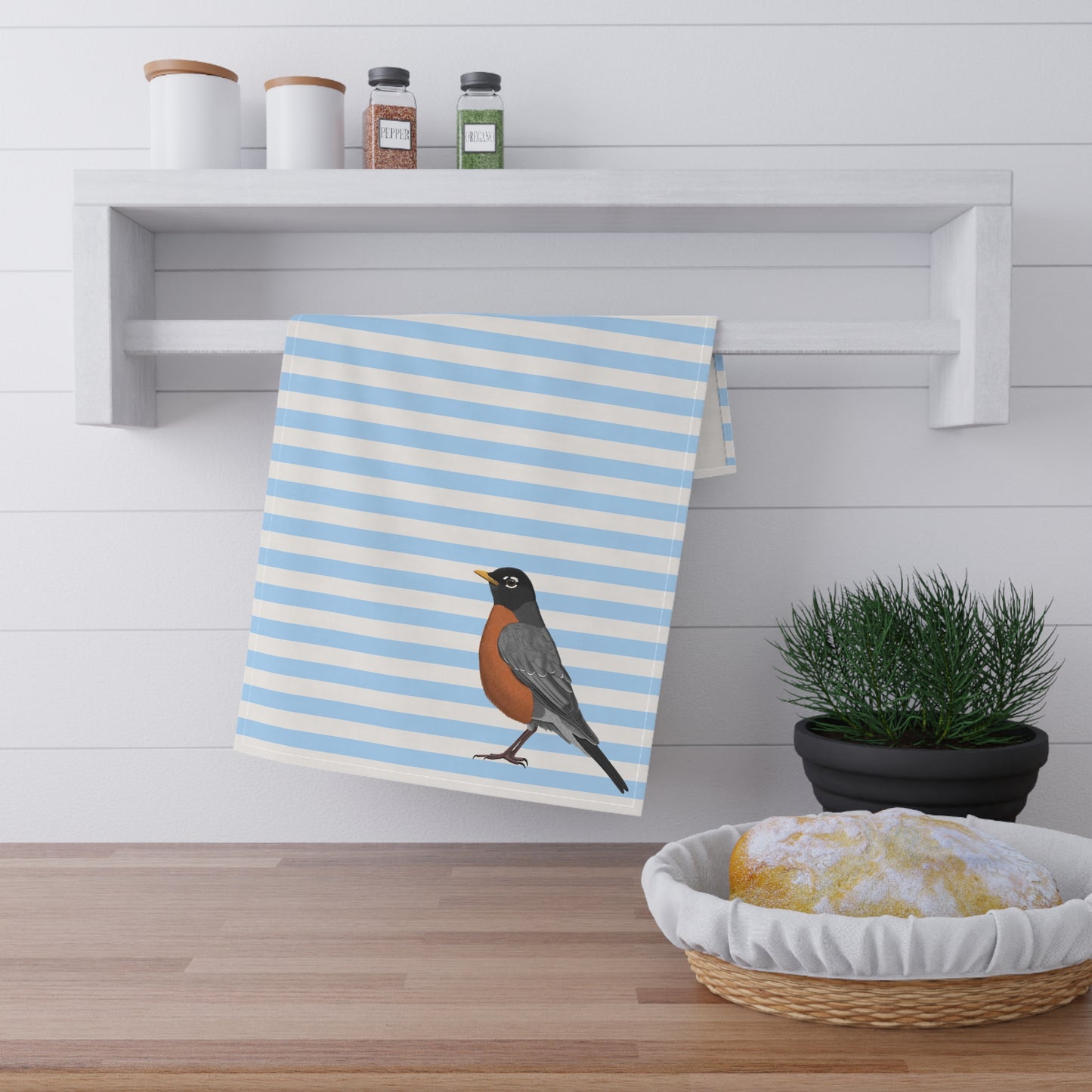 Robin Bird Art Kitchen Towel Blue White 18" × 30"