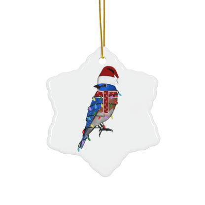 Bluebird as Santa Ceramic Bird Christmas Ornament | Durable Double-Sided Bird Lover Decor