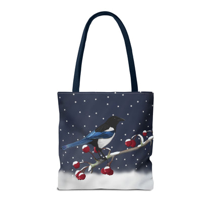 Magpie on a Winter Branch Christmas Bird Tote Bag 16"x16"