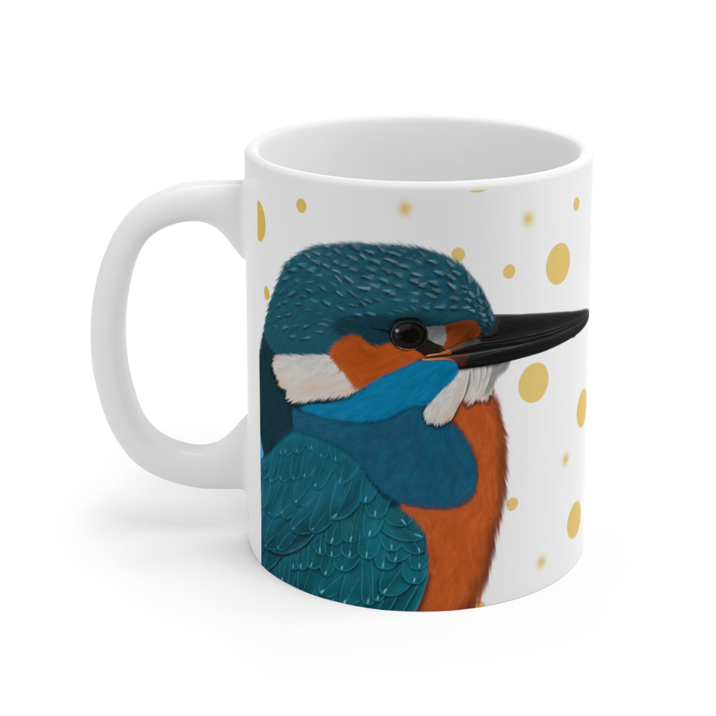 Kingfisher Bird Ceramic Mug White Golden Dots 11oz