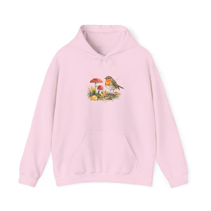 Rotkehlchen Herbst-Hoodie – Kuscheliger Kapuzenpullover mit Laub & Fliegenpilzen