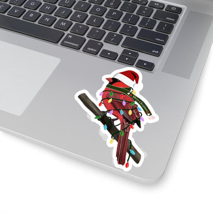 Cardinal with Fairy Lights Santa Claus Hat and Scarf Christmas Bird Sticker