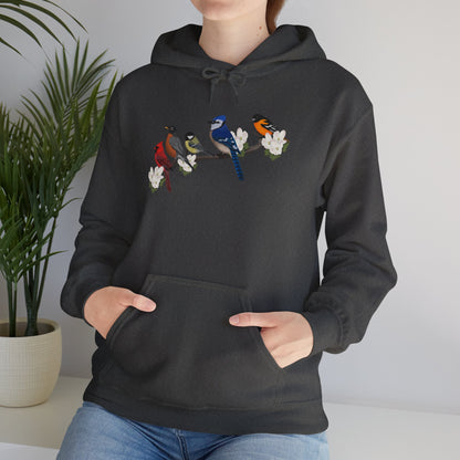 Backyard Birds on a Branch Blue Jay Cardinal Robin Chickadee Oriole Birdwatcher Hoodie