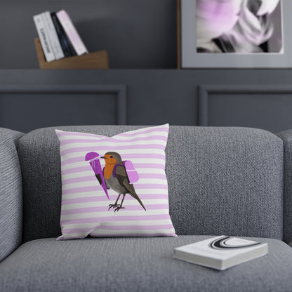 Rotkehlchen mit Schultüte Vogel Kissen – Dekokissen mit Vogelmotiv zur Einschulung Rosa