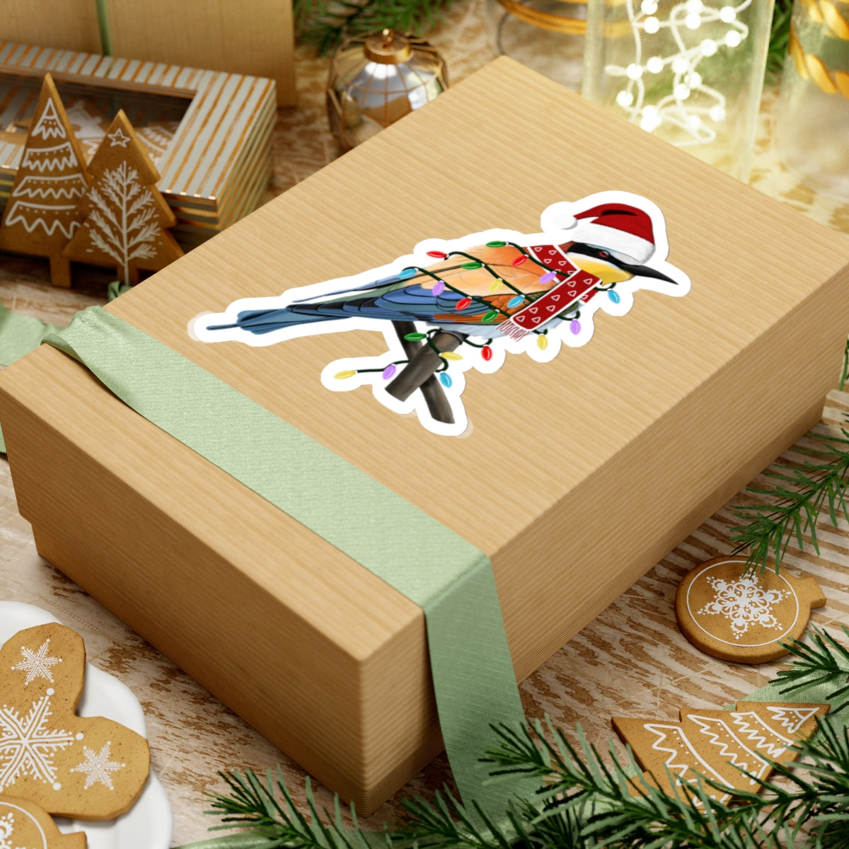 Bee-Eater with Fairy Lights Santa Claus Hat and Scarf Christmas Bird Sticker