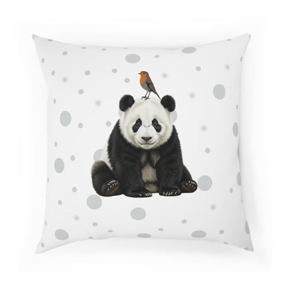 Rotkehlchen mit Panda Vogel Tiermotiv Kissen – Dekokissen mit Vogelmotiv Weiß mit grauen Punkten