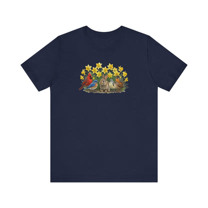 Spring Garden Tee – Bunny, Cardinal & Bluebird | Botanical Easter T-Shirt