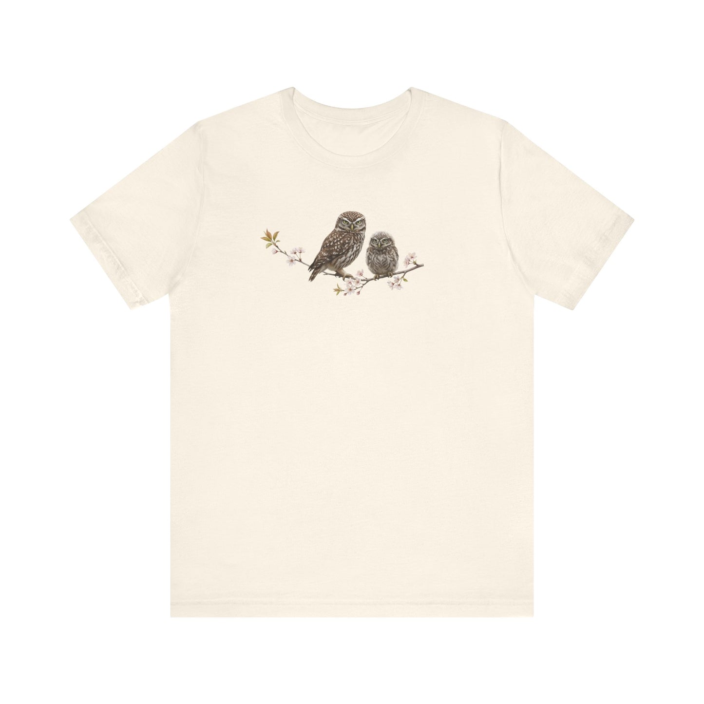 Eule Steinkauz & Jungvogel T-Shirt | Frühlingsblüten Vogelmotiv für Vogelbeobachter