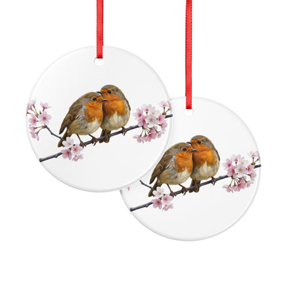 Rotkehlchen auf einem Ast mit Kirschblüten Premium Keramik-Ornament