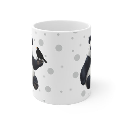 Amsel mit einem fröhlichen Panda Vogel Tiermotiv Tasse Punkte Grau