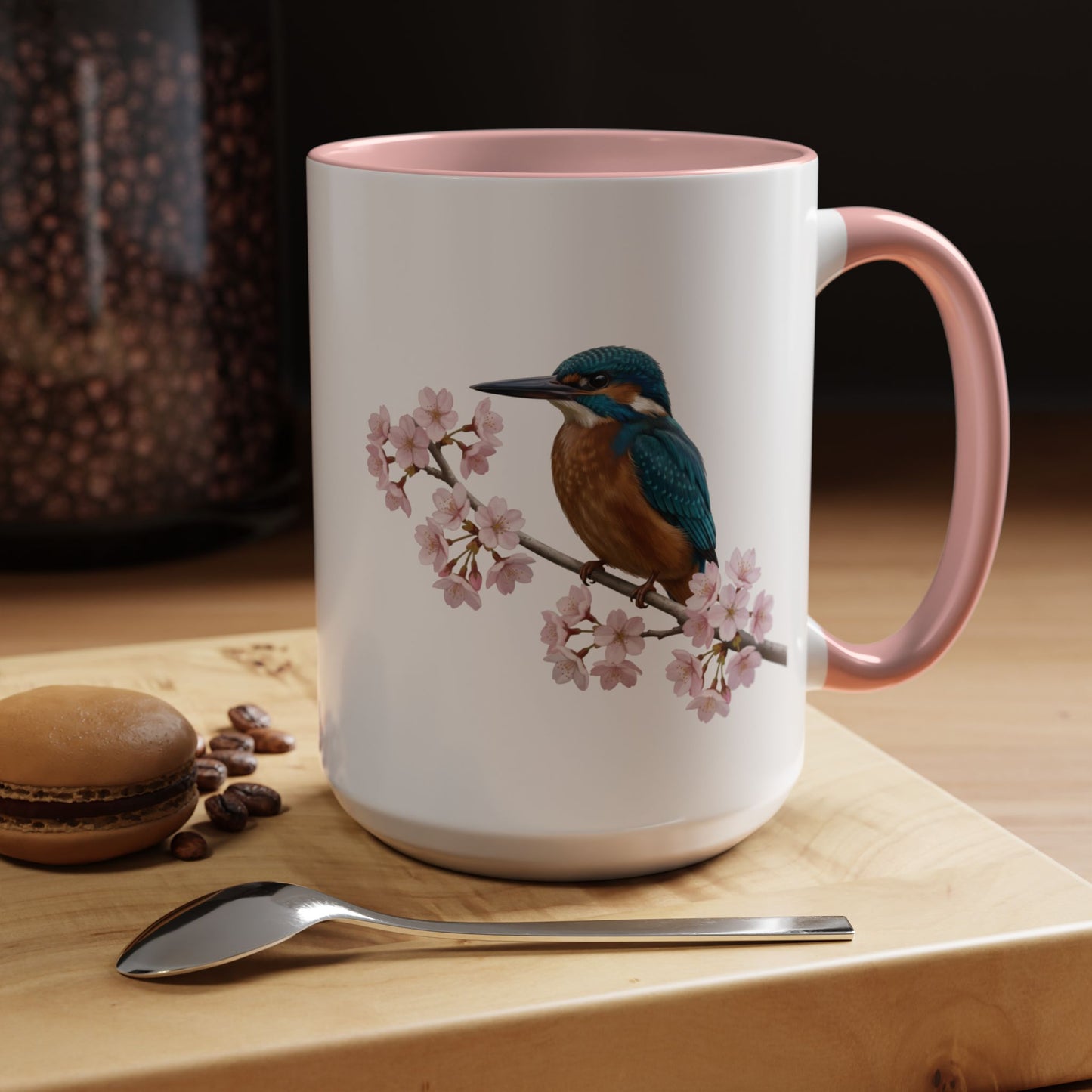 Kingfisher Cherry Blossom Mug | Pink Ceramic Coffee Cup for Bird Lovers