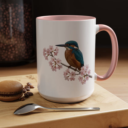 Kingfisher Cherry Blossom Mug | Pink Ceramic Coffee Cup for Bird Lovers