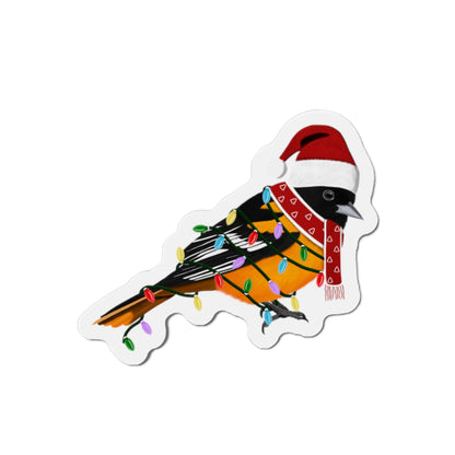 Baltimore Oriole with Fairy Lights and Scarf Christmas Bird Magnet