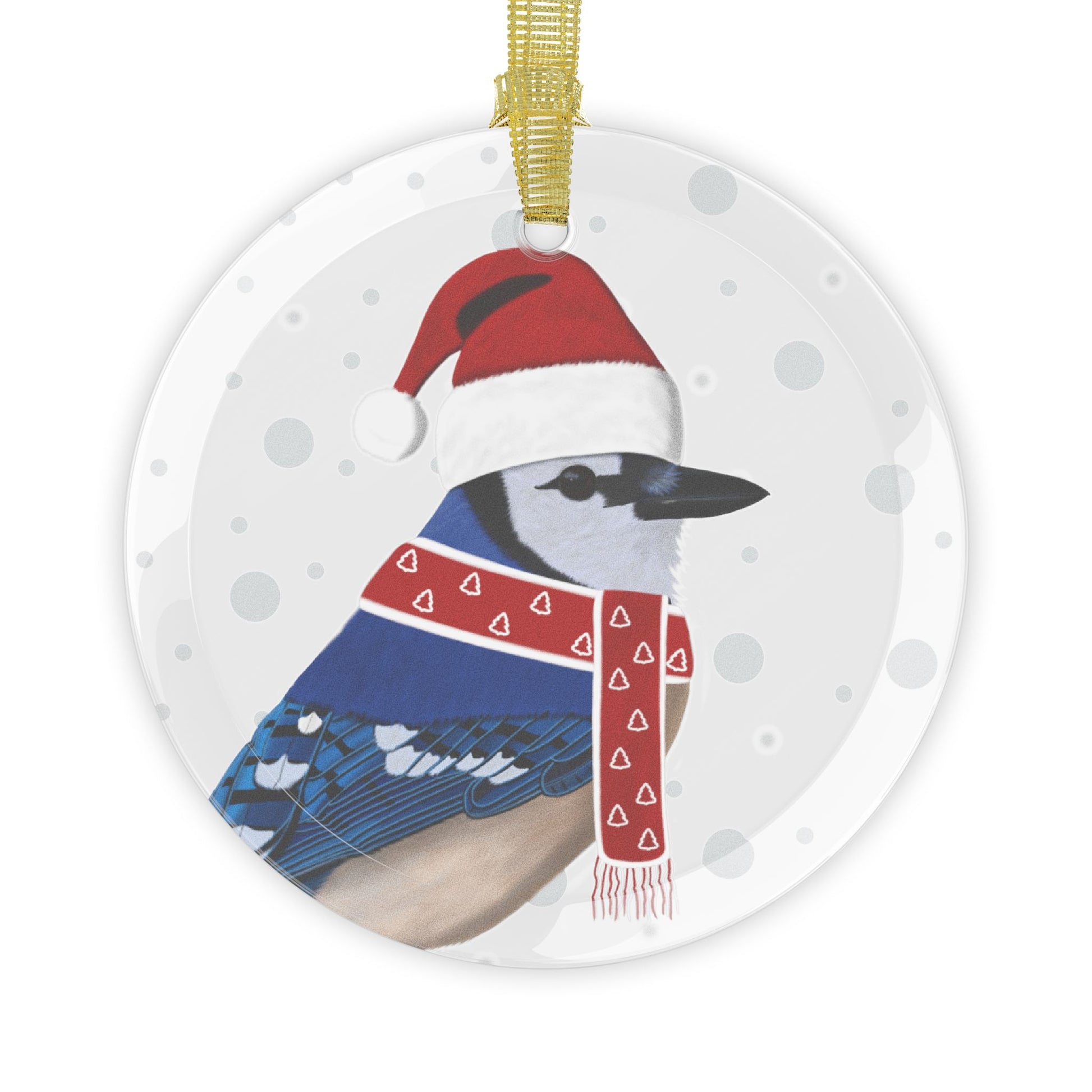 Blue Jay as Santa Claus Christmas Glass Ornament