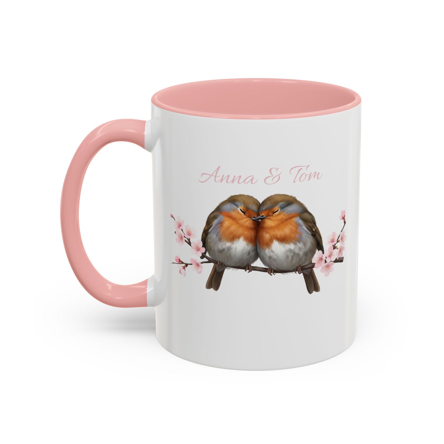 Rotkehlchen in Kirschblüten Personalisierte Tasse - Romantisches Geschenk für Vogelfreunde
