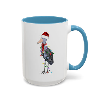サンタクロースのハシビロコウとフェアリーライトの陶器製バードコーヒーマグ – バードウォッチャーへのカスタムギフト