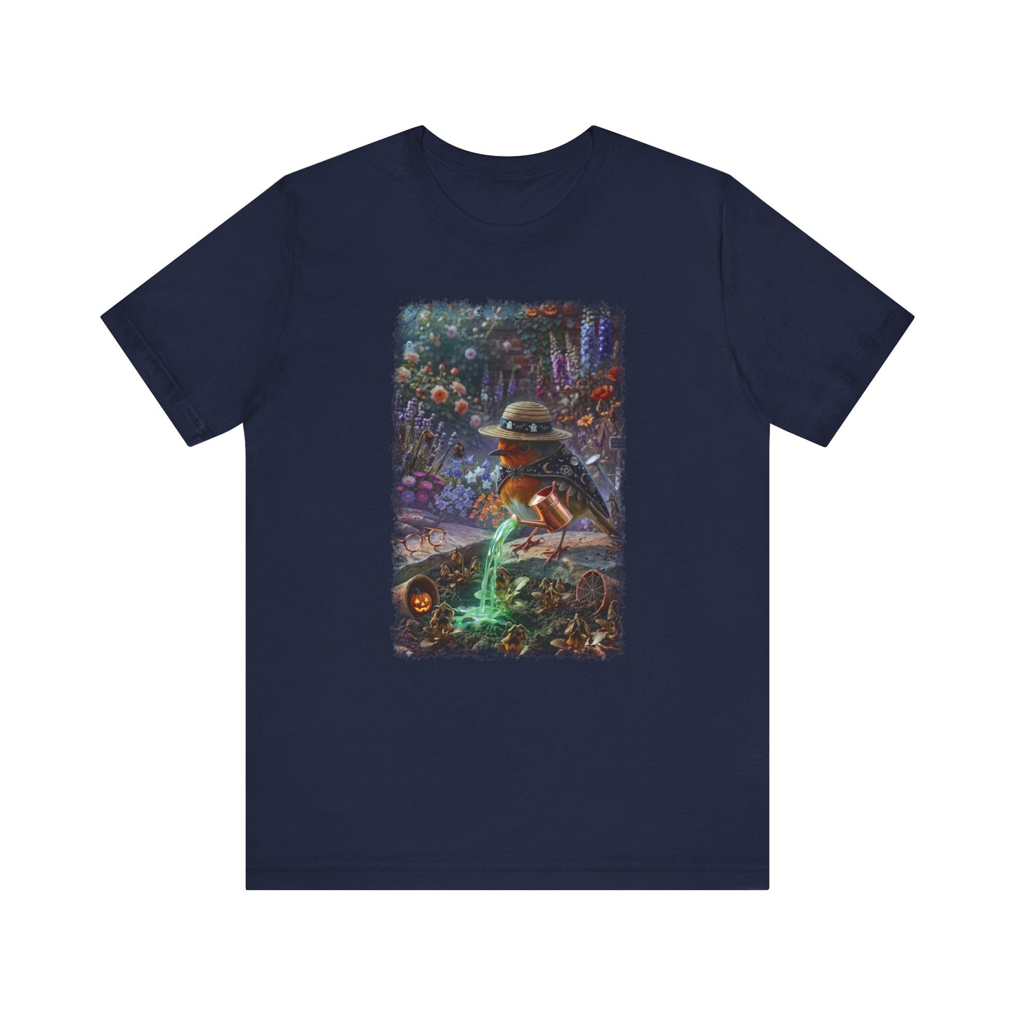 Soft premium Bella Canvas 3001 navy blue T-shirt featuring a digitally painted illustration of a cute bird named Robin Rosi pouring a glowing green magic potion from a watering can onto dried flowers.
