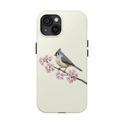 Tufted Titmouse & Cherry Blossom Tough iPhone Case Creamy White
