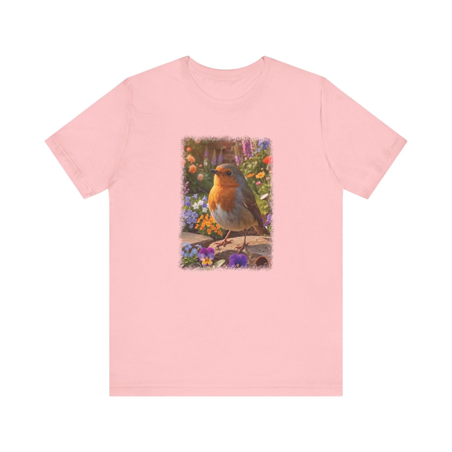 Robin Rosi in the Flower Bed T-Shirt - Cozy Backyard Birding Apparel