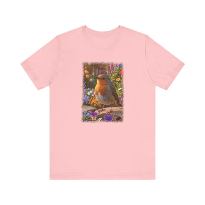 Robin Rosi in the Flower Bed T-Shirt - Cozy Backyard Birding Apparel