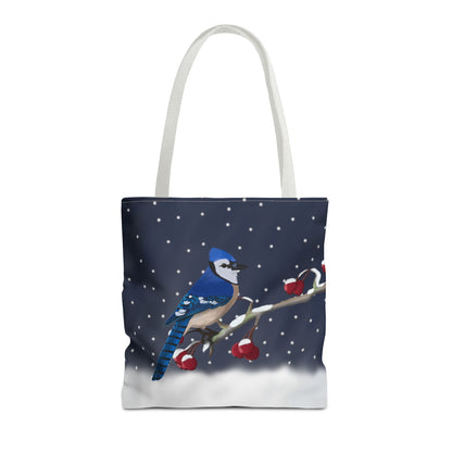 Blue Jay on a Winter Branch Christmas Bird Tote Bag 16"x16"