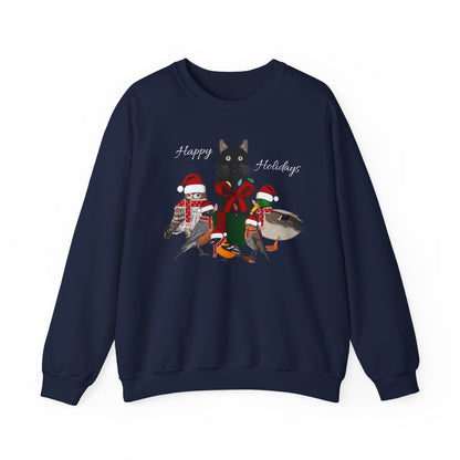 Robin Mallard Oriole Owl with Cat in a Box and Fairy Lights Happy Holidays Christmas Bird Sweatshirt