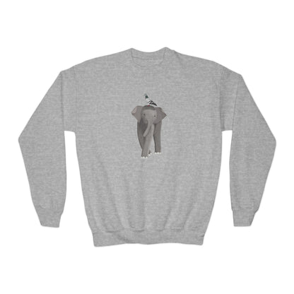 Elephant with Pigeon Bird Youth Crewneck Sweatshirt