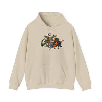 Vogel-Rockband Hoodie – Lustiger Kapuzenpullover mit Amsel, Rotkehlchen & Meise