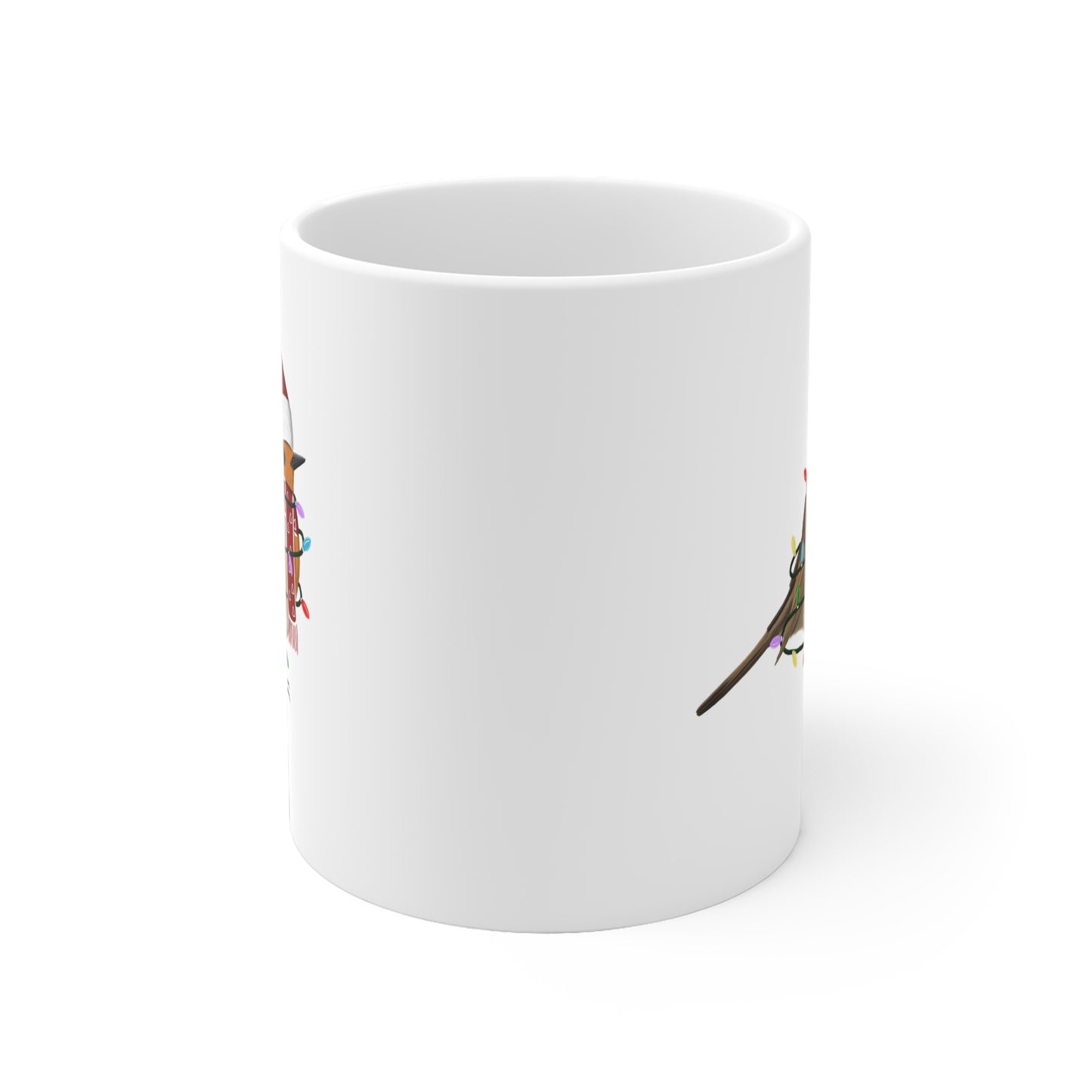 Rotkehlchen Tasse Vogel als Weihnachtsmann mit Lichterkette Weiß für Vogelfreunde