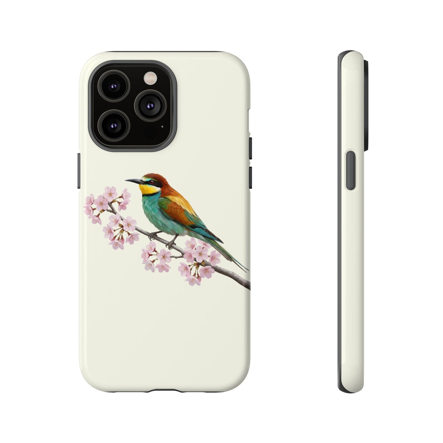 Bienenfresser Handyhülle in Cremeweiß | Florales Kirschblüten Vogel-Motiv für iPhone & Google Pixel