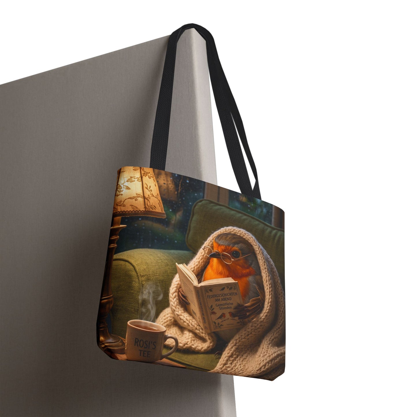 Rosi Rotkehlchen liest ein Buch Stofftasche | Beidseitig bedruckte Tragetasche