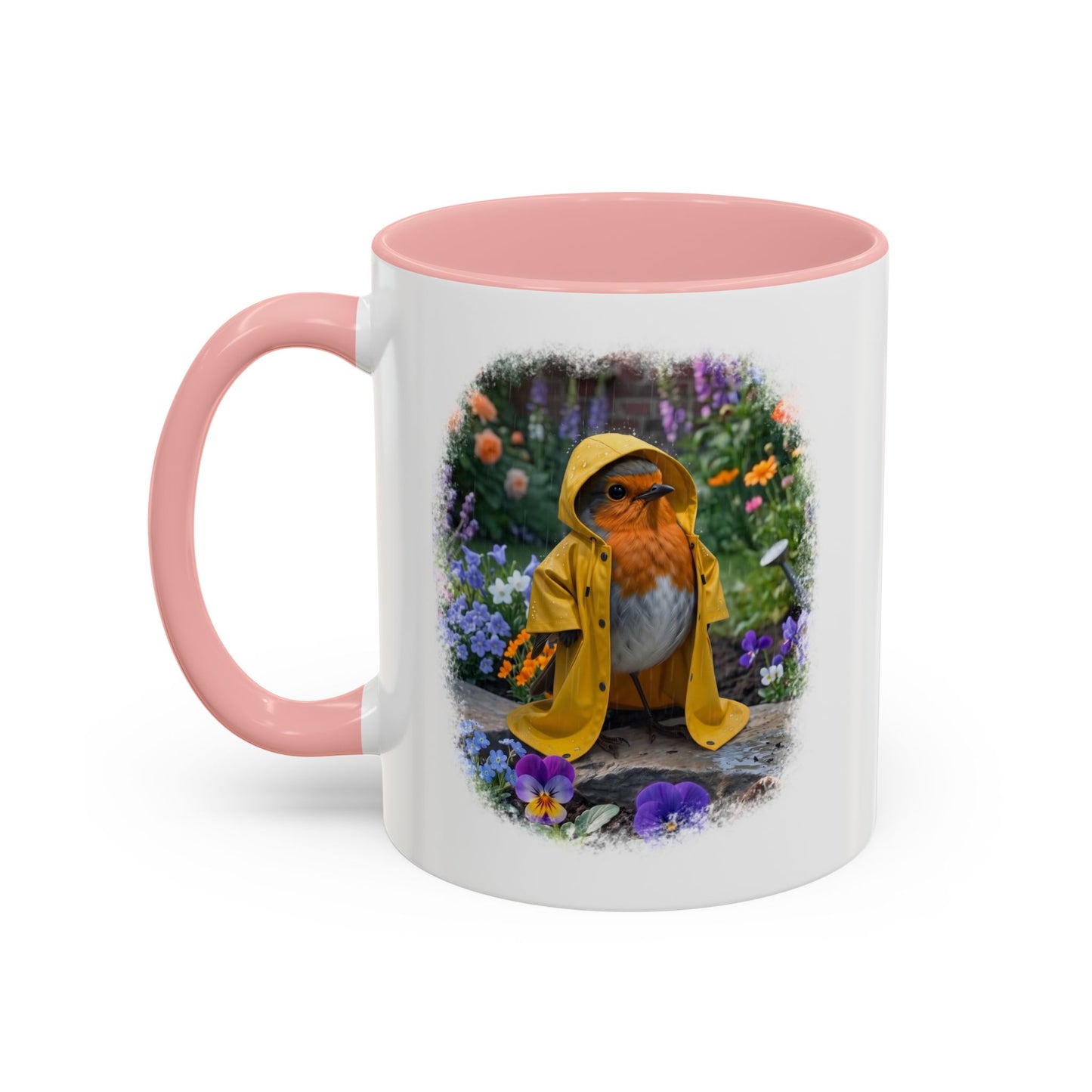 Robin Rosi Yellow Raincoat Garden Premium Mug for Bird Lovers