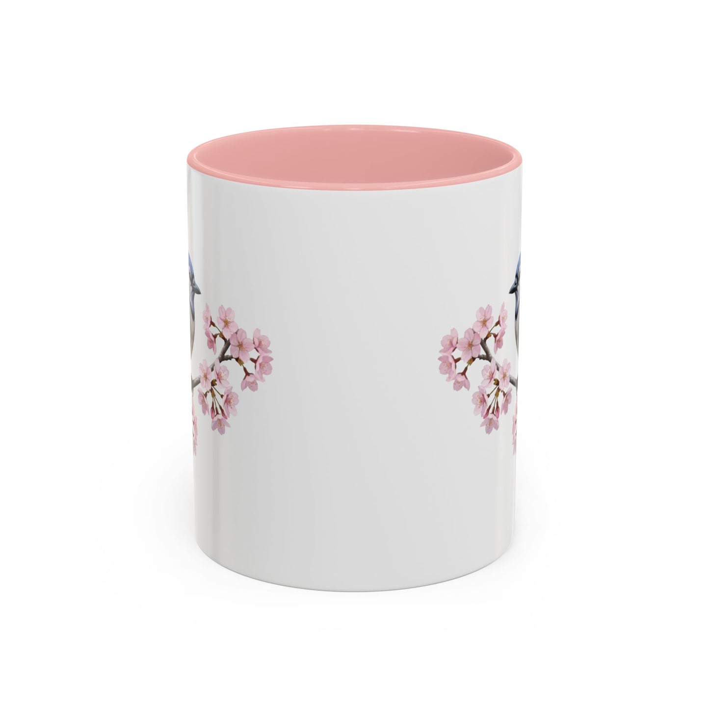 Blue Jay Cherry Blossom Mug | Pink Ceramic Coffee Cup for Bird Lovers