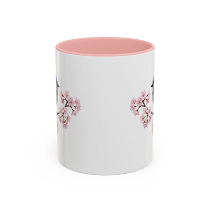 Blue Jay Cherry Blossom Mug | Pink Ceramic Coffee Cup for Bird Lovers