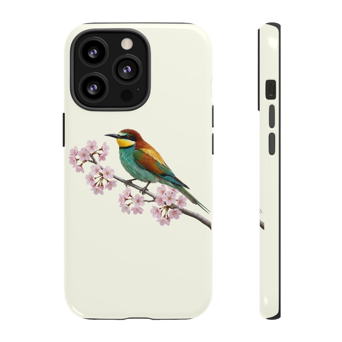 Bienenfresser Handyhülle in Cremeweiß | Florales Kirschblüten Vogel-Motiv für iPhone & Google Pixel