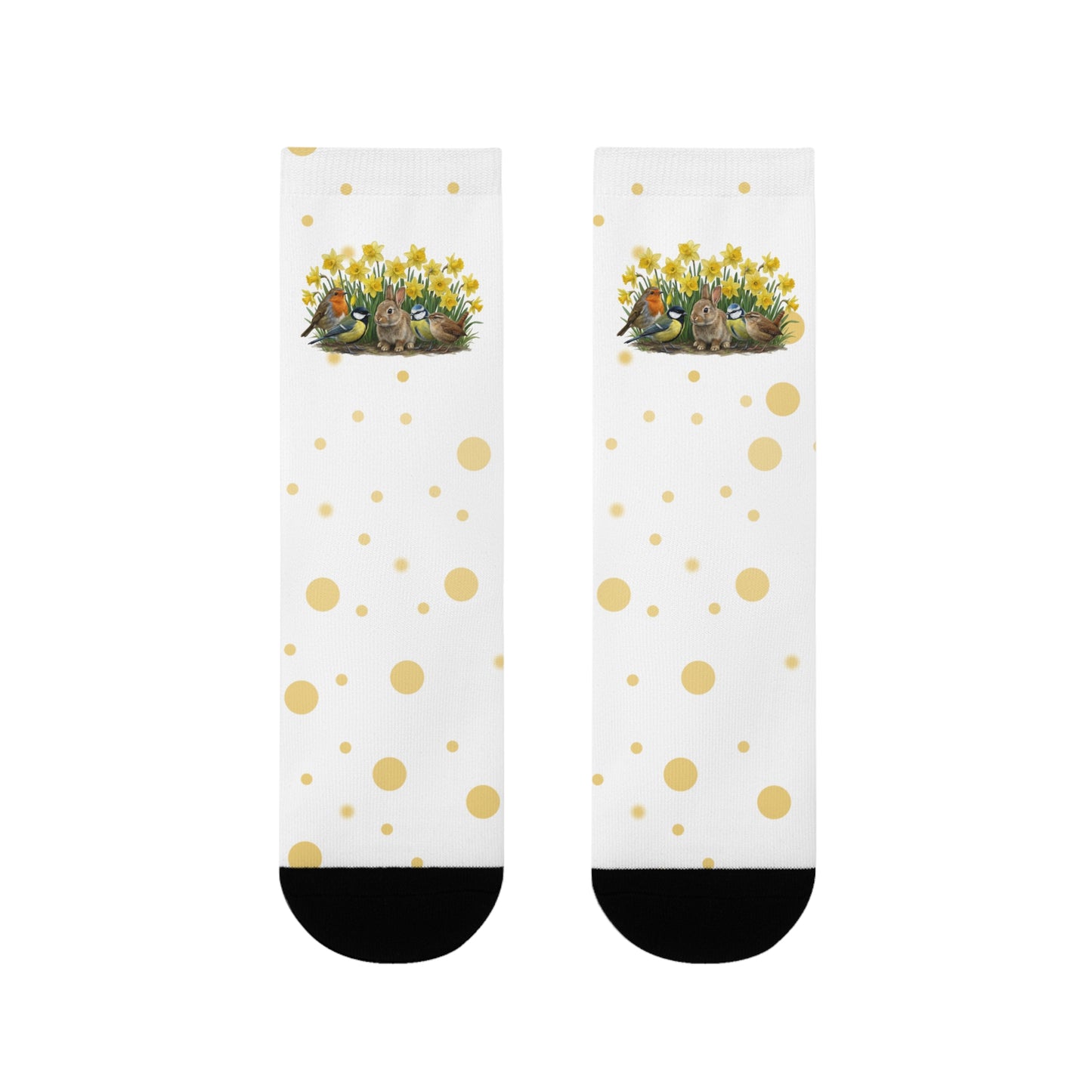 Vogel-Socken mit Osterglocken – Kaninchen, Rotkehlchen, Meisen & Zaunkönig